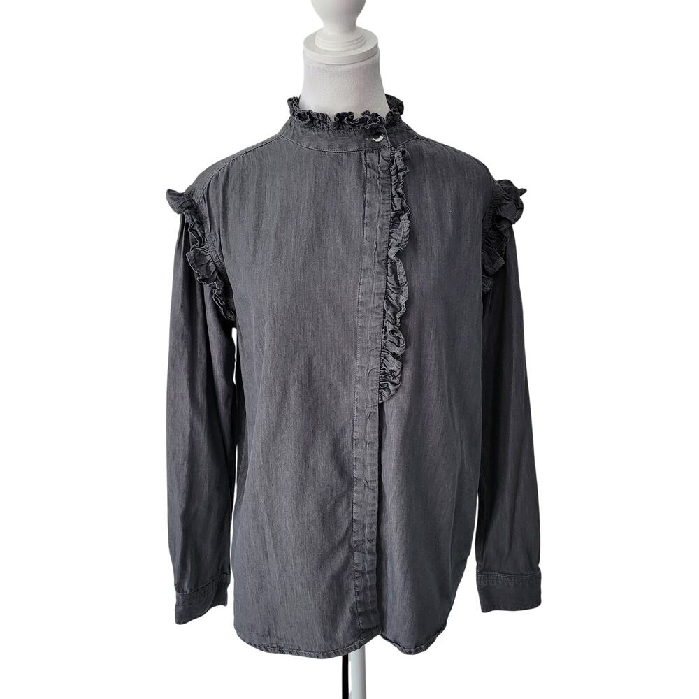 Elan Size S Ruffle Button Up Long Sleeve Blouse Gray Casual Top